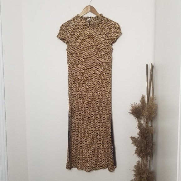 Vintage Dresses & Skirts - April Cornell | Vintage Geometric Floral Midi Cap Sleeve Dress Zipper Back Small